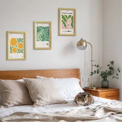 Juego de 3 cuadros decorativos con motivos de frutas y plantas en colores pastel