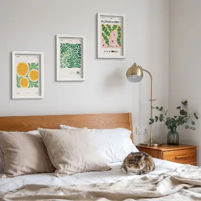 Juego de 3 cuadros decorativos con motivos de frutas y plantas en colores pastel