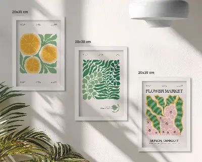 Juego de 3 cuadros decorativos con motivos de frutas y plantas en colores pastel