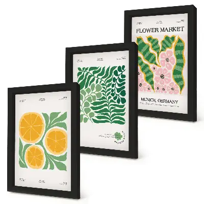 Juego de 3 cuadros decorativos con motivos de frutas y plantas en colores pastel