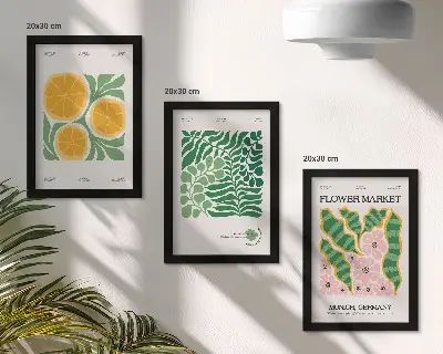 Juego de 3 cuadros decorativos con motivos de frutas y plantas en colores pastel