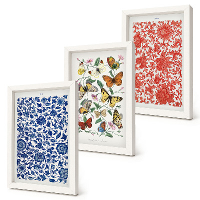 Tríptico enmarcado Pósteres vintage de flores, mariposas y adornos