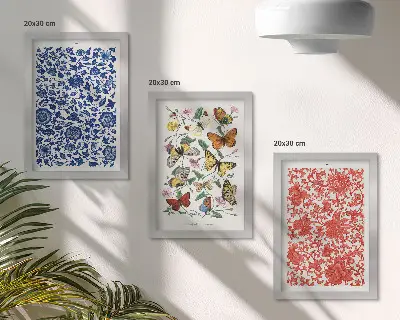 Pósteres vintage de flores, mariposas y adornos tríptico enmarcado