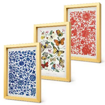 Pósteres vintage de flores, mariposas y adornos tríptico enmarcado