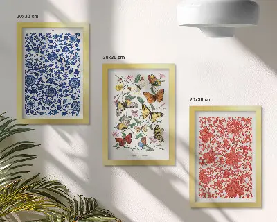 Pósteres vintage de flores, mariposas y adornos tríptico enmarcado