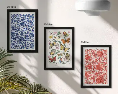 Pósteres vintage de flores, mariposas y adornos tríptico enmarcado
