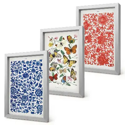 Pósteres vintage de flores, mariposas y adornos tríptico enmarcado