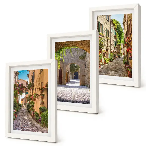 Juego de 3 cuadros decorativos de calles italianas con flores y arquitectura