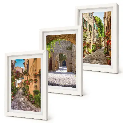 Juego de 3 cuadros decorativos de calles italianas con flores y arquitectura