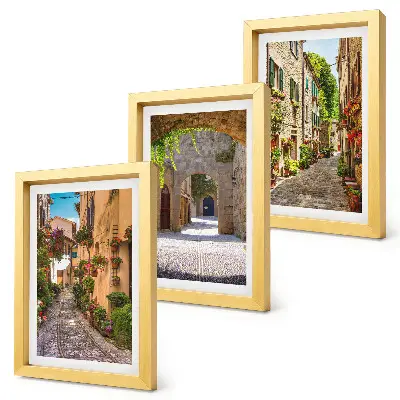 Juego de 3 cuadros decorativos de calles italianas con flores y arquitectura