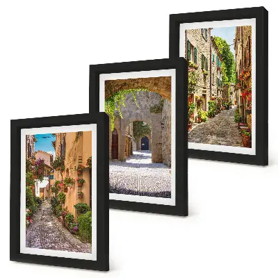 Juego de 3 cuadros decorativos de calles italianas con flores y arquitectura