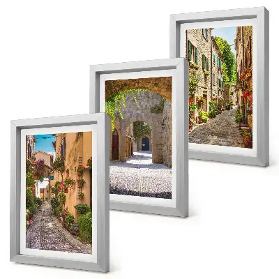 Juego de 3 cuadros decorativos de calles italianas con flores y arquitectura