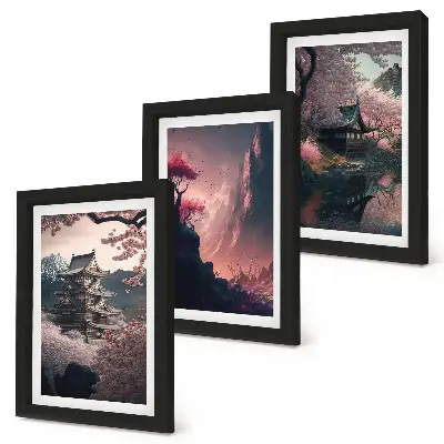 Juego de 3 cuadros decorativos con paisajes montañosos fantásticos de Japón