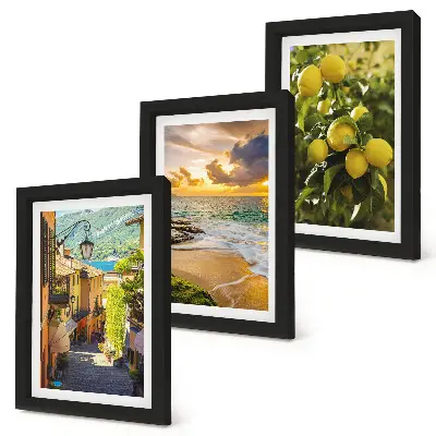 Tríptico enmarcado decoración con calles pintorescas, mar, playa y árboles cítricos