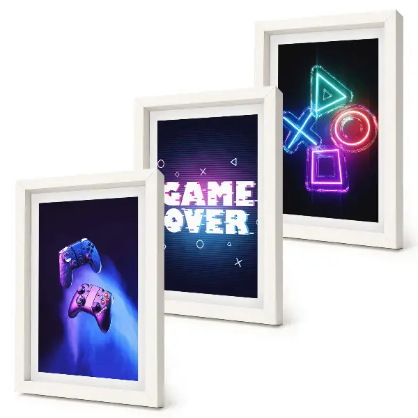 Juego de 3 cuadros decorativos con diseño de mandos de juego e iconos de fin de partida
