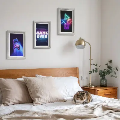 Juego de 3 cuadros decorativos con diseño de mandos de juego e iconos de fin de partida