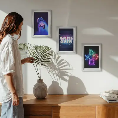 Juego de 3 cuadros decorativos con diseño de mandos de juego e iconos de fin de partida