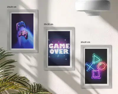 Juego de 3 cuadros decorativos con diseño de mandos de juego e iconos de fin de partida