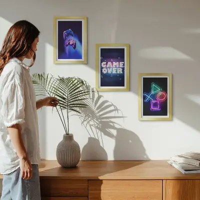 Juego de 3 cuadros decorativos con diseño de mandos de juego e iconos de fin de partida