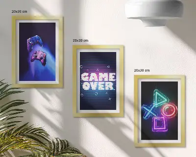 Juego de 3 cuadros decorativos con diseño de mandos de juego e iconos de fin de partida