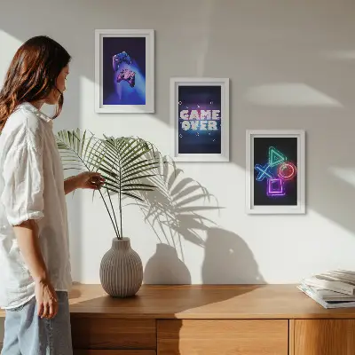 Juego de 3 cuadros decorativos con diseño de mandos de juego e iconos de fin de partida