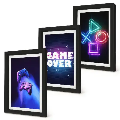 Juego de 3 cuadros decorativos con diseño de mandos de juego e iconos de fin de partida