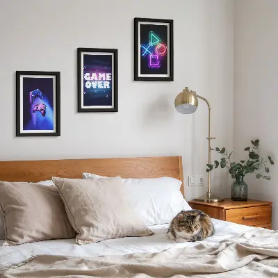 Juego de 3 cuadros decorativos con diseño de mandos de juego e iconos de fin de partida