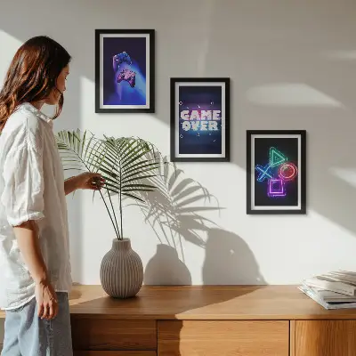 Juego de 3 cuadros decorativos con diseño de mandos de juego e iconos de fin de partida