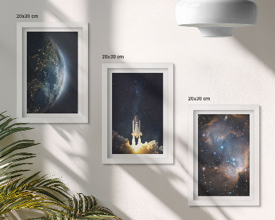 Tríptico enmarcado Espacio Tierra cohete galaxia cielo estrellas
