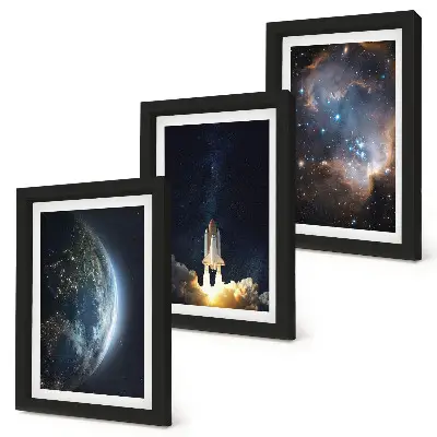 Cuadro tríptico con diseño de cohete espacial, galaxia, cielo y estrellas
