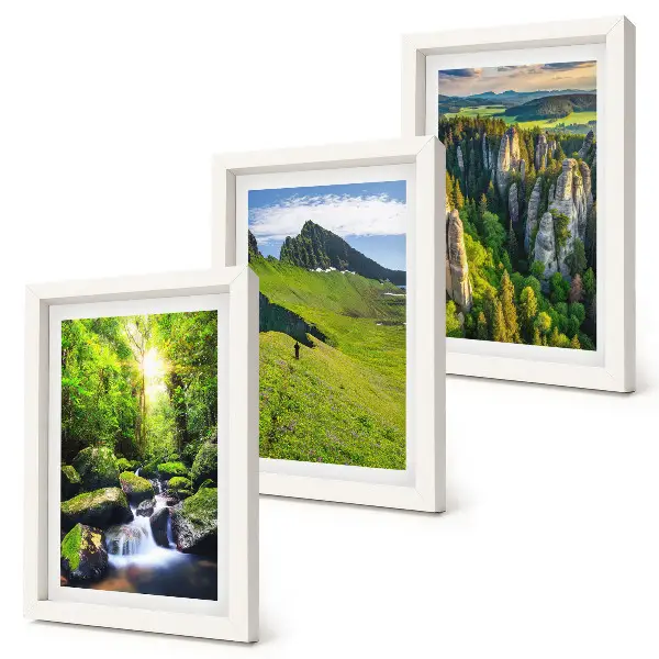 Juego de 3 cuadros decorativos paisajes verdes de montaña con cascada y bosque