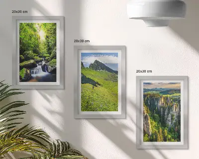 Juego de 3 cuadros decorativos paisajes verdes de montaña con cascada y bosque