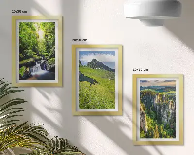 Juego de 3 cuadros decorativos paisajes verdes de montaña con cascada y bosque