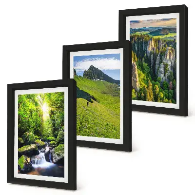 Juego de 3 cuadros decorativos paisajes verdes de montaña con cascada y bosque