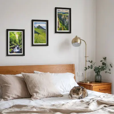 Juego de 3 cuadros decorativos paisajes verdes de montaña con cascada y bosque