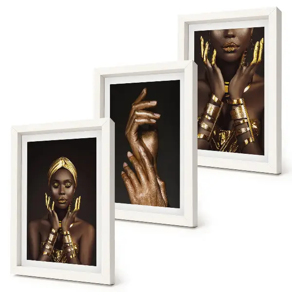 Juego de 3 cuadros decorativos con elegantes retratos de una mujer africana