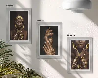 Juego de 3 cuadros decorativos con elegantes retratos de una mujer africana