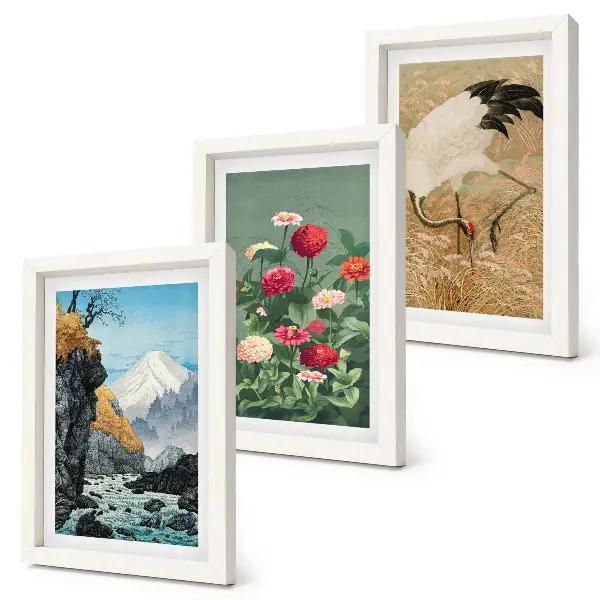 Juego de 3 cuadros decorativos con diseño de paisaje de montañas, río, flores y grullas sobre la hierba