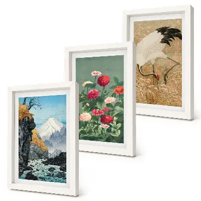 Juego de 3 cuadros decorativos con diseño de paisaje de montañas, río, flores y grullas sobre la hierba
