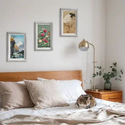 Juego de 3 cuadros decorativos con diseño de paisaje de montañas, río, flores y grullas sobre la hierba