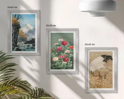Juego de 3 cuadros decorativos con diseño de paisaje de montañas, río, flores y grullas sobre la hierba