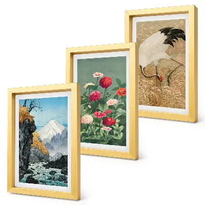 Juego de 3 cuadros decorativos con diseño de paisaje de montañas, río, flores y grullas sobre la hierba