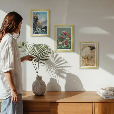 Juego de 3 cuadros decorativos con diseño de paisaje de montañas, río, flores y grullas sobre la hierba