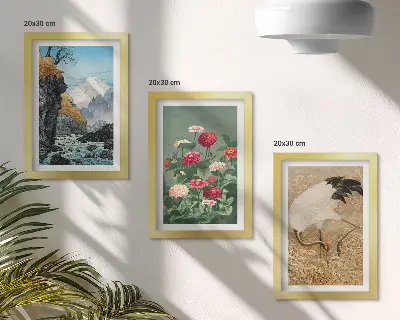 Juego de 3 cuadros decorativos con diseño de paisaje de montañas, río, flores y grullas sobre la hierba