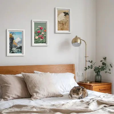 Juego de 3 cuadros decorativos con diseño de paisaje de montañas, río, flores y grullas sobre la hierba