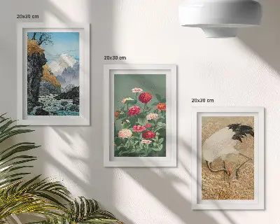 Juego de 3 cuadros decorativos con diseño de paisaje de montañas, río, flores y grullas sobre la hierba