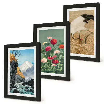 Juego de 3 cuadros decorativos con diseño de paisaje de montañas, río, flores y grullas sobre la hierba
