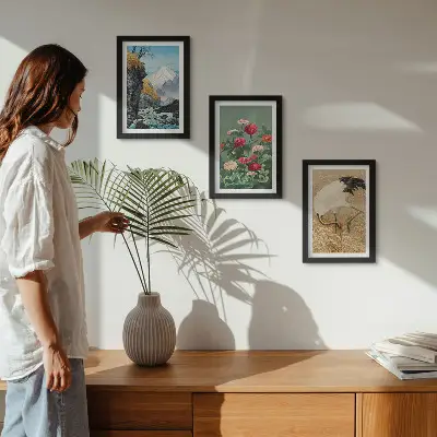 Juego de 3 cuadros decorativos con diseño de paisaje de montañas, río, flores y grullas sobre la hierba