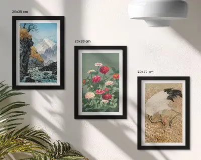 Juego de 3 cuadros decorativos con diseño de paisaje de montañas, río, flores y grullas sobre la hierba