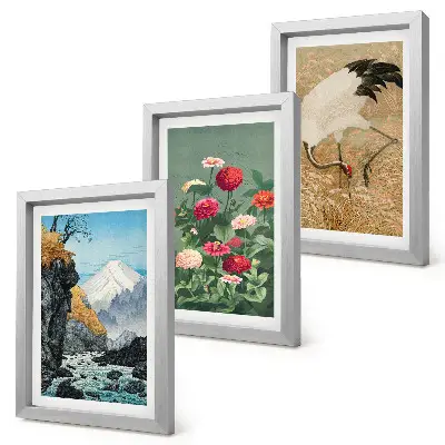 Juego de 3 cuadros decorativos con diseño de paisaje de montañas, río, flores y grullas sobre la hierba